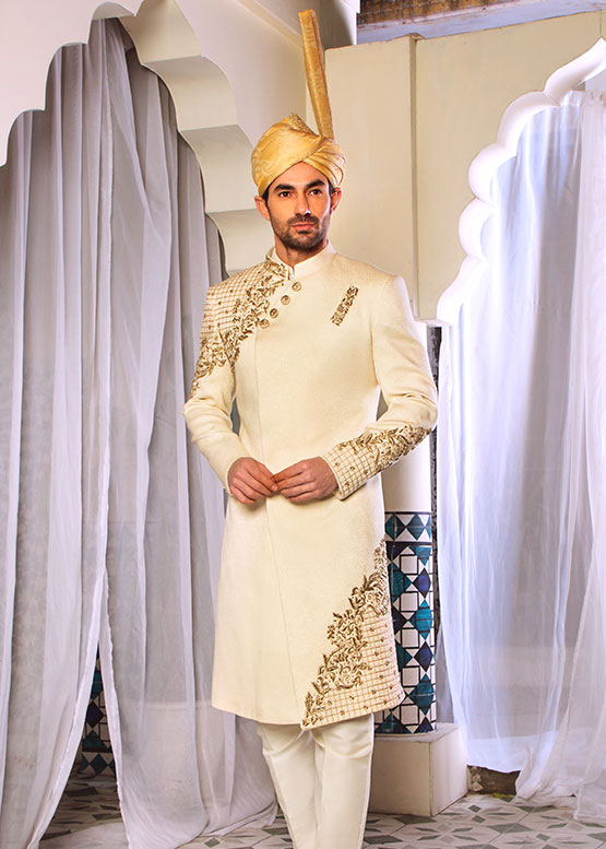 Ivory Gold side Cut Sherwani